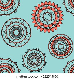 Seamless round ornament pattern with blue background. Vector repeating texture. Perfect for printing on paper or fabric.