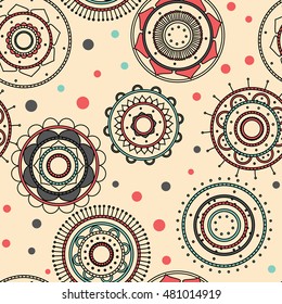 Seamless round ornament pattern. Hand drawn background. Vector repeating texture.