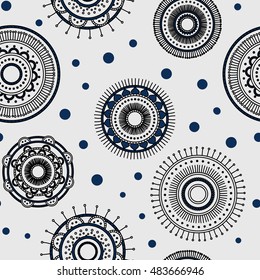 Seamless round ornament pattern. Hand drawn background. Vector repeating texture.