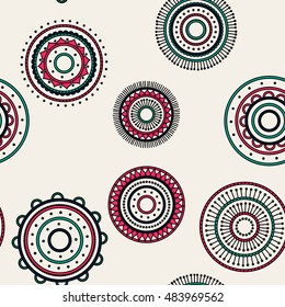 Seamless round ornament pattern. Hand drawn background. Vector repeating texture.