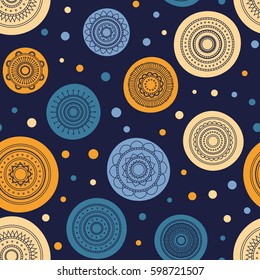 Seamless round ornament pattern. Hand drawn background. Vector repeating texture.