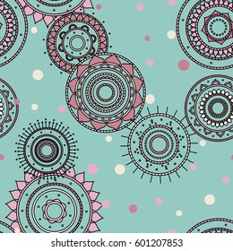Seamless round ornament pattern. Hand drawn background. Vector repeating texture.