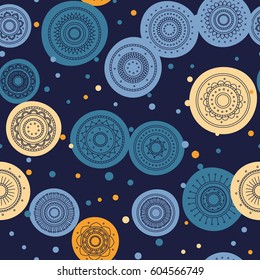 Seamless round ornament pattern. Hand drawn background. Vector repeating texture. Perfect for printing on paper or fabric.