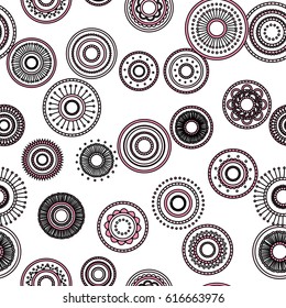 Seamless round ornament pattern. Hand drawn background. Vector repeating texture.