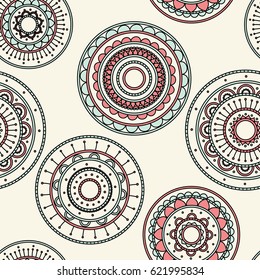 Seamless round ornament pattern. Hand drawn background. Vector repeating texture.