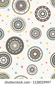 Seamless round ornament pattern with light background. Vector repeating texture. Perfect for printing on paper or fabric.