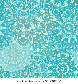 Seamless round ornament pattern for printing on fabric or paper. Hand drawn winter background. Islam, Arabic, Indian, ottoman motifs.
