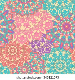 Seamless round ornament pattern for printing on fabric or paper. Hand drawn background. Islam, Arabic, Indian, ottoman motifs.