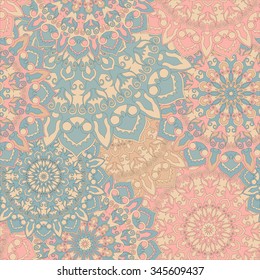 Seamless round ornament pattern for printing on fabric or paper. Hand drawn background. Islam, Arabic, Indian, ottoman motifs.