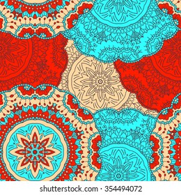 Seamless round ornament pattern for printing on fabric or paper. Hand drawn background. Islam, Arabic, Indian, ottoman motifs. 