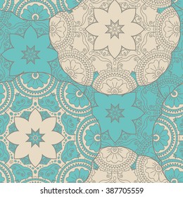 Seamless round ornament pattern for printing on fabric or paper. Hand drawn background. Islam, Arabic, Indian, ottoman motifs. Vector illustration