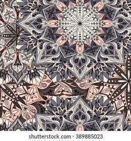 Seamless round ornament pattern for printing on fabric or paper. Hand drawn background. Elements for your design.