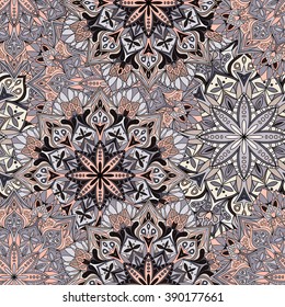 Seamless round ornament pattern for printing on fabric or paper. Hand drawn background. Elements for your design.
