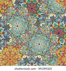 Seamless round ornament pattern for printing on fabric or paper. Hand drawn background. Elements for your design.
