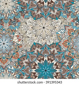 Seamless round ornament pattern for printing on fabric or paper. Hand drawn background. Elements for your design.
