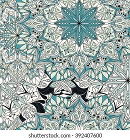 Seamless round ornament pattern for printing on fabric or paper. Hand drawn background. Elements for your design.
