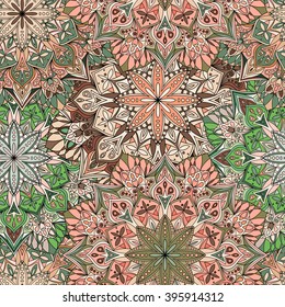 Seamless round ornament pattern for printing on fabric or paper. Hand drawn background. Elements for your design.
