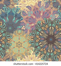 Seamless round ornament pattern for printing on fabric or paper. Hand drawn background. Islam, Arabic, Indian, ottoman motifs. 