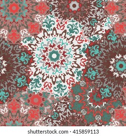 Seamless round ornament pattern for printing on fabric or paper. Hand drawn background. Islam, Arabic, Indian, Mexican ottoman motifs. 