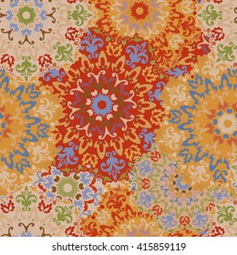Seamless round ornament pattern for printing on fabric or paper. Hand drawn background. Islam, Arabic, Indian, Mexican ottoman motifs.