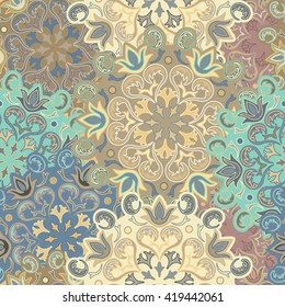 Seamless round ornament pattern for printing on fabric or paper. Hand drawn background. Islam, Arabic, Indian, Mexican ottoman motifs. 