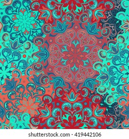 Seamless round ornament pattern for printing on fabric or paper. Hand drawn background. Islam, Arabic, Indian, Mexican ottoman motifs. 