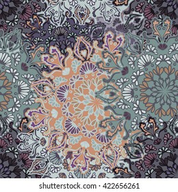 Seamless round ornament pattern for printing on fabric or paper. Hand drawn background. Islam, Arabic, Indian, Mexican ottoman motifs.