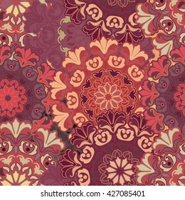 Seamless round ornament pattern for printing on fabric or paper. Hand drawn background. Islam, Arabic, Indian, ottoman motifs. 