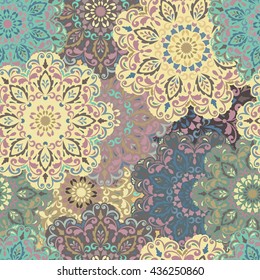 Seamless round ornament pattern for printing on fabric or paper. Hand drawn background. Islam, Arabic, Indian, ottoman motifs.