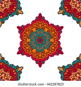 Seamless round ornament pattern for printing on fabric or paper. Hand drawn background. Islam, Arabic, Indian, ottoman motifs. 