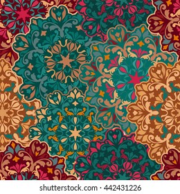 Seamless round ornament pattern for printing on fabric or paper. Hand drawn background. Islam, Arabic, Indian, Mexican ottoman motifs. 