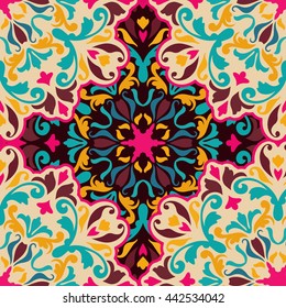 Seamless round ornament pattern for printing on fabric or paper. Hand drawn background. Islam, Arabic, Indian, Mexican ottoman motifs. Seamless round ornament pattern. Floral mandala pattern