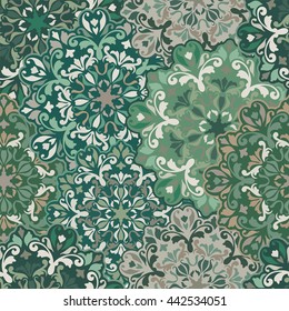 Seamless round ornament pattern for printing on fabric or paper. Hand drawn background. Islam, Arabic, Indian, Mexican ottoman motifs.