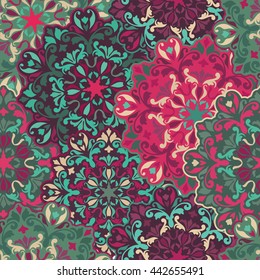 Seamless round ornament pattern for printing on fabric or paper. Hand drawn background. Islam, Arabic, Indian, Mexican ottoman motifs. 
