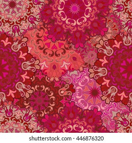 Seamless round ornament pattern for printing on fabric or paper. Hand drawn background. Islam, Arabic, Indian, Mexican ottoman motifs.