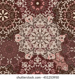 Seamless round ornament pattern for printing on fabric or paper. Hand drawn background. Islam, Arabic, Indian, ottoman motifs.