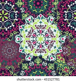 Seamless round ornament pattern for printing on fabric or paper. Hand drawn background. Islam, Arabic, Indian, ottoman motifs. 