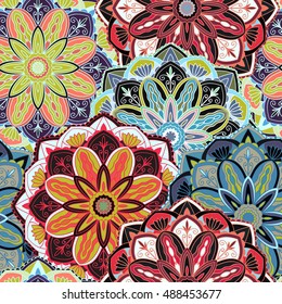 Seamless round ornament pattern for printing on fabric or paper. Hand drawn background. Elements for your design.
