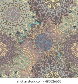 Seamless round ornament pattern for printing on fabric or paper. Hand drawn background. Islam, Arabic, Indian, ottoman motifs. 