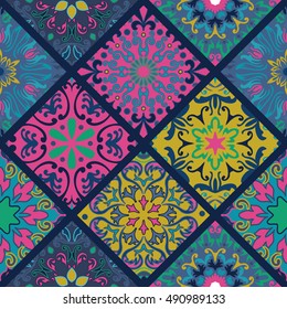 Seamless round ornament pattern for printing on fabric or paper. Hand drawn background. Islam, Arabic, Indian, ottoman motifs. Floral mandala pattern