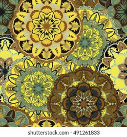 Seamless round ornament pattern for printing on fabric or paper. Hand drawn background. Elements for your design.
