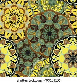 Seamless round ornament pattern for printing on fabric or paper. Hand drawn background. Elements for your design.
