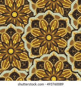 Seamless round ornament pattern for printing on fabric or paper. Hand drawn background. Elements for your design.
