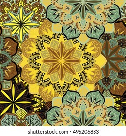 Seamless round ornament pattern for printing on fabric or paper. Hand drawn background. Elements for your design.
