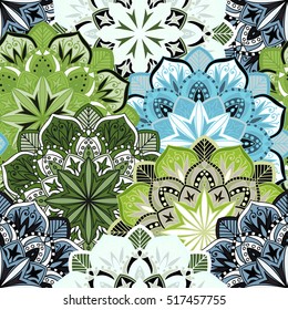 Seamless round ornament pattern for printing on fabric or paper. Hand drawn background. Elements for your design.
