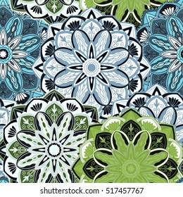 Seamless round ornament pattern for printing on fabric or paper. Hand drawn background. Elements for your design.
