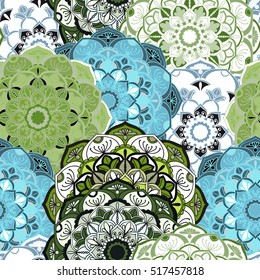 Seamless round ornament pattern for printing on fabric or paper. Hand drawn background. Elements for your design.
