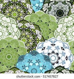 Seamless round ornament pattern for printing on fabric or paper. Hand drawn background. Elements for your design.
