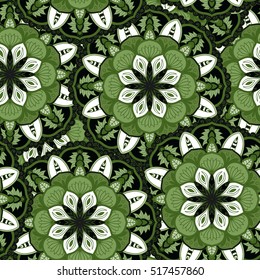 Seamless round ornament pattern for printing on fabric or paper. Hand drawn background. Elements for your design.
