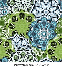 Seamless round ornament pattern for printing on fabric or paper. Hand drawn background. Elements for your design.
